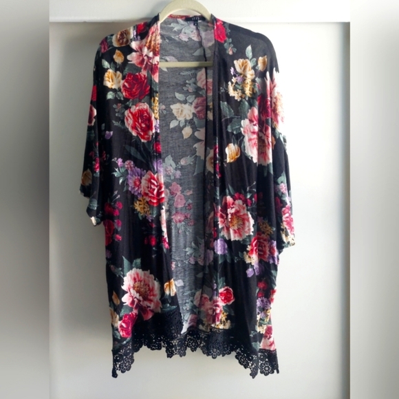 Floral Open Front Drapey Kimono Soft Knit Cardigan Crochet Trim Black M - Picture 1 of 6